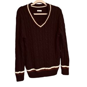 Blue Age CollectionNavy Chunky Knit V Neck-Pullover- Trim Cream/burgundy Size L